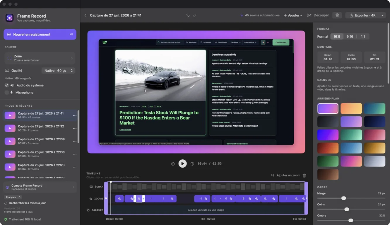 Interface de montage Frame Record avec aperçu vidéo, zooms automatiques et timeline